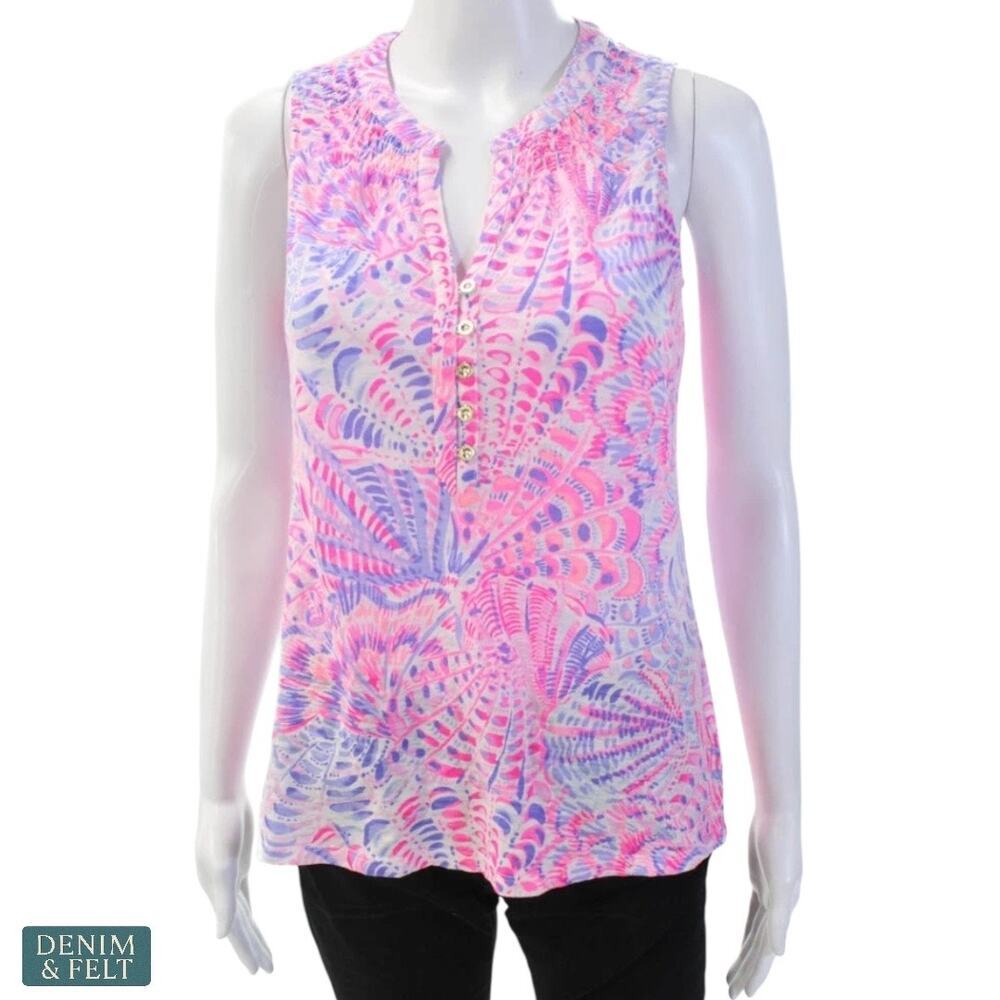 Lilly Pulitzer Essie Tank Top XS Berry Sea You Soon Pink Blue Print Summer - Picture 5 of 14